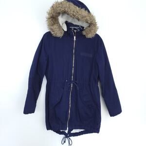 Gap Women Anorak Jacket Blue Small, Tie Gathered Waist, Faux Fur Hood, Sherpa